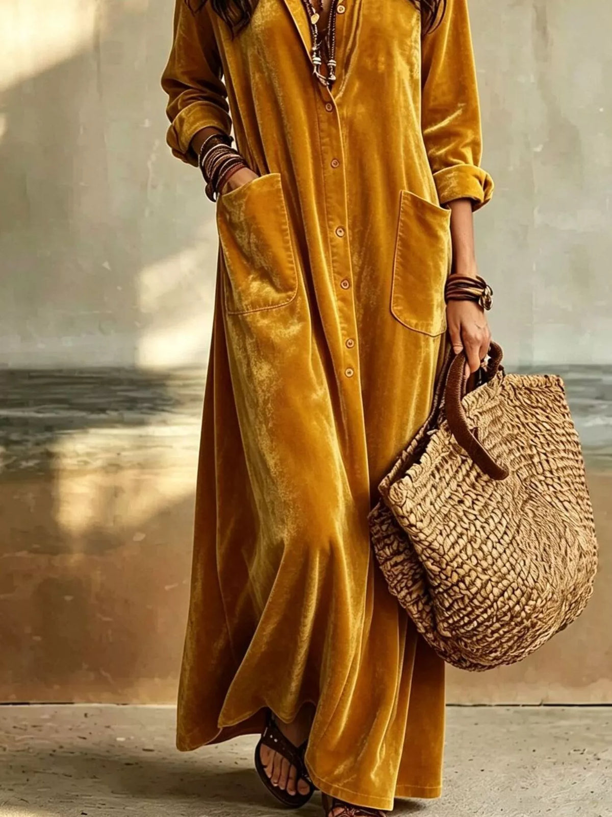 Velvet Button-Down Maxi Dress with Pockets – photo 2