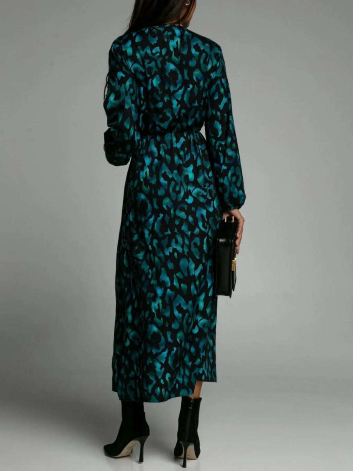 Printed Surplice Long Sleeve Midi Dress with Slit and Tie – photo 2