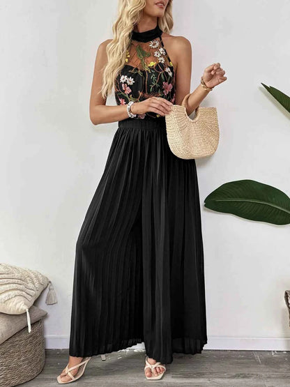 Floral Embroidered Halter Neck Pleated Jumpsuit — Livostyle