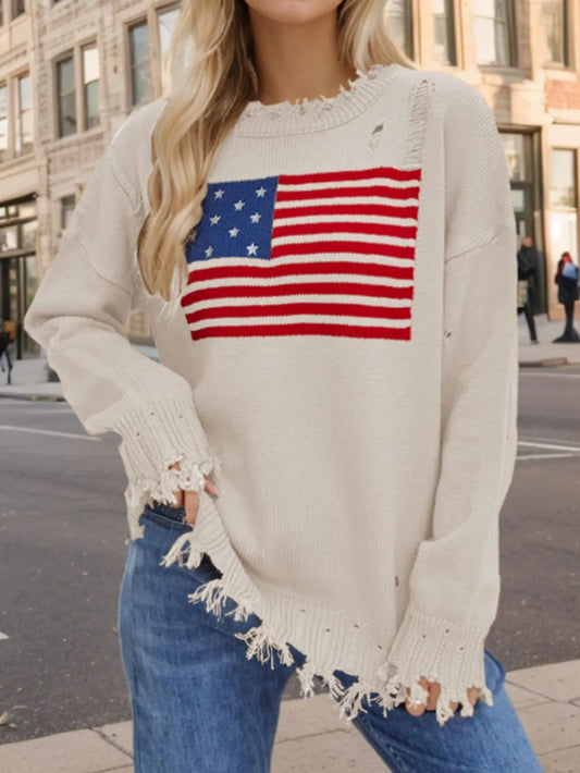US Flag Distressed Round Neck Long Sleeve Sweater — Livostyle