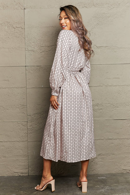 Printed Tie Waist Long Sleeve Midi Dress