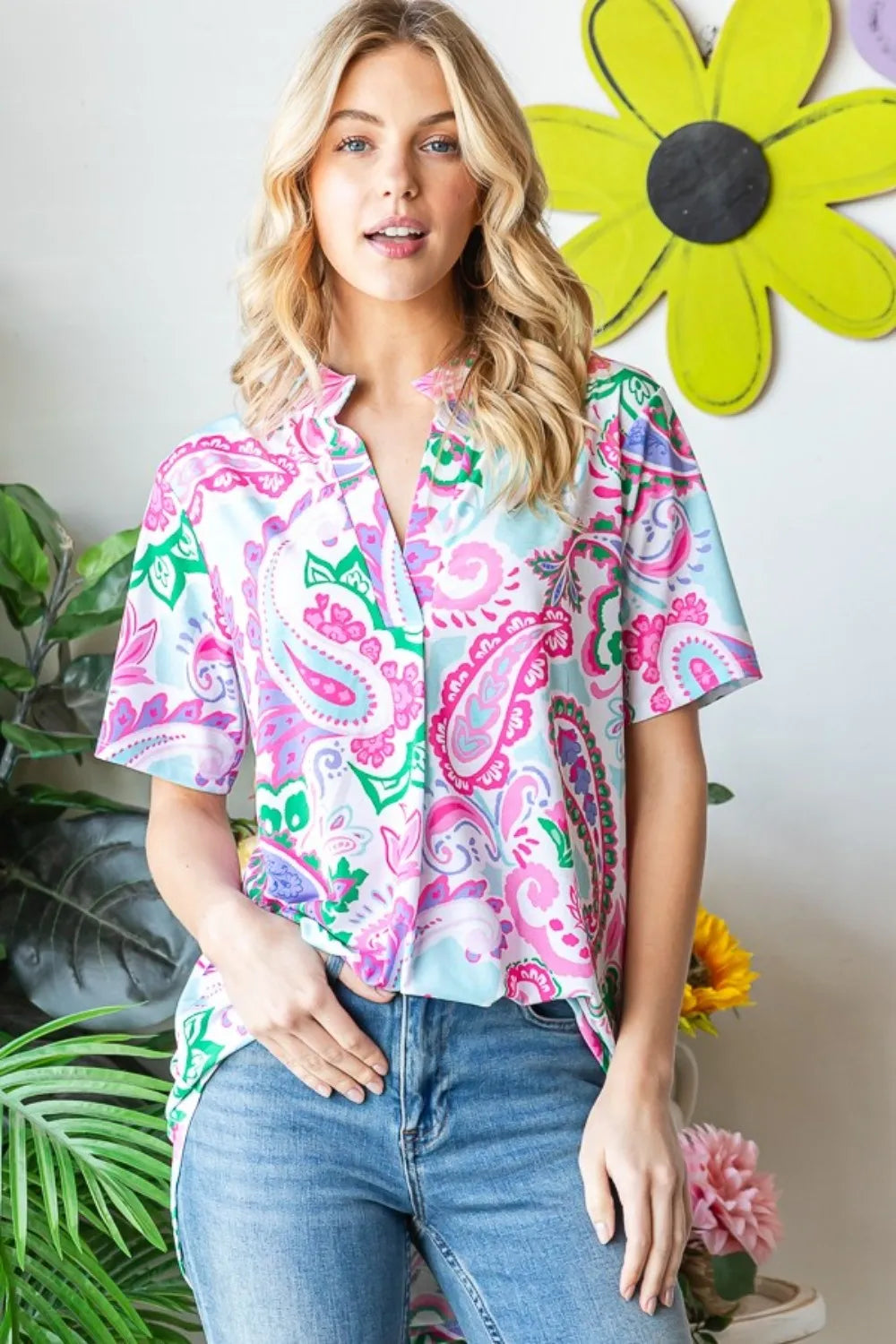 Full Size Paisley Print Short Sleeve Top closeup — Livostyle