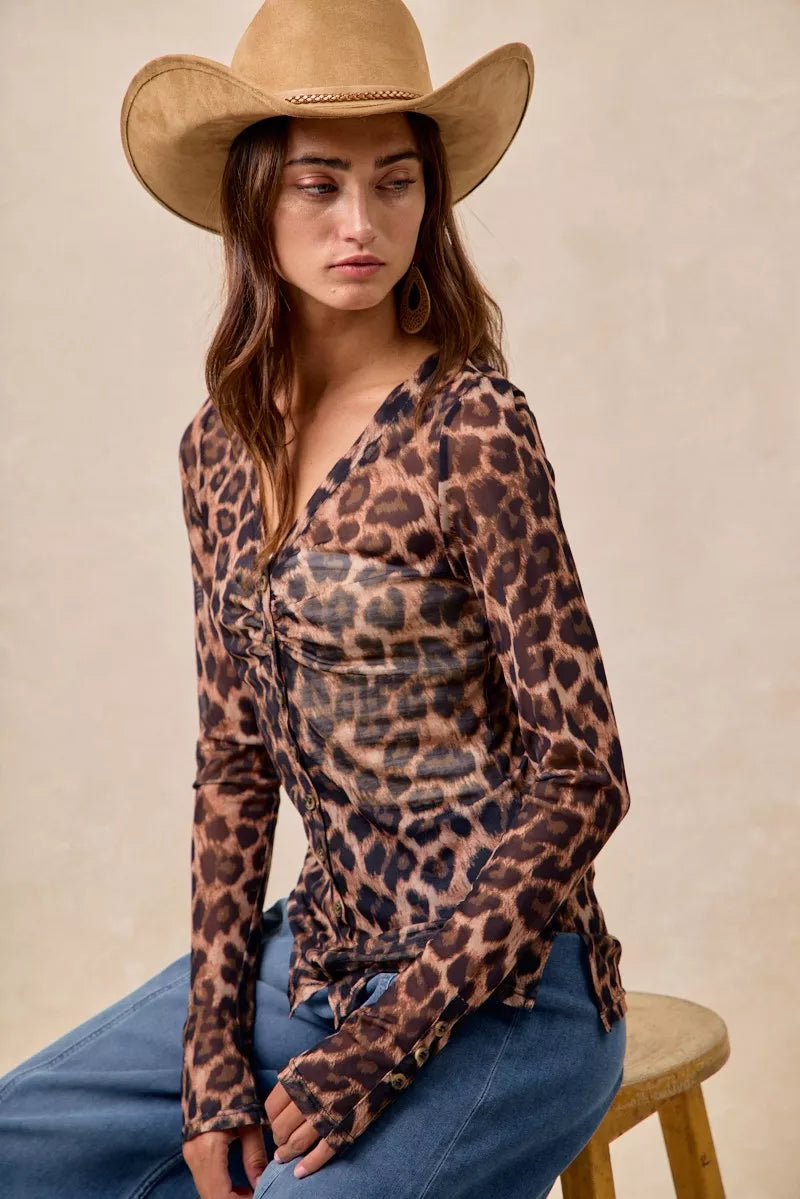 Leopard Printed Mesh Shirt With Button Up V Neck – photo 2