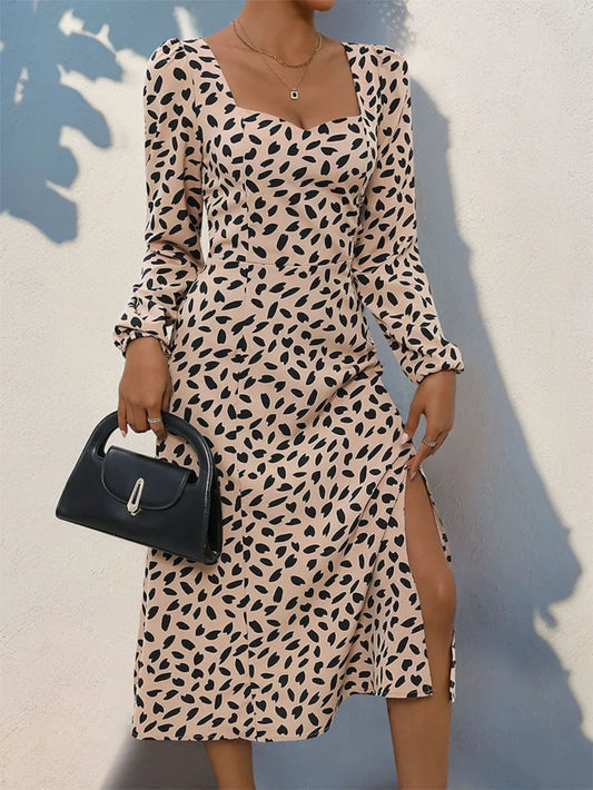 Tied Slit Printed Long Sleeve Midi Dress in Dust Storm