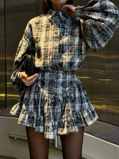 Lantern Sleeve Shirt and Ruffled Skirt Set closeup — Livostyle