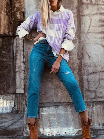 Plaid Round Neck Long Sleeve Sweater detail — Livostyle