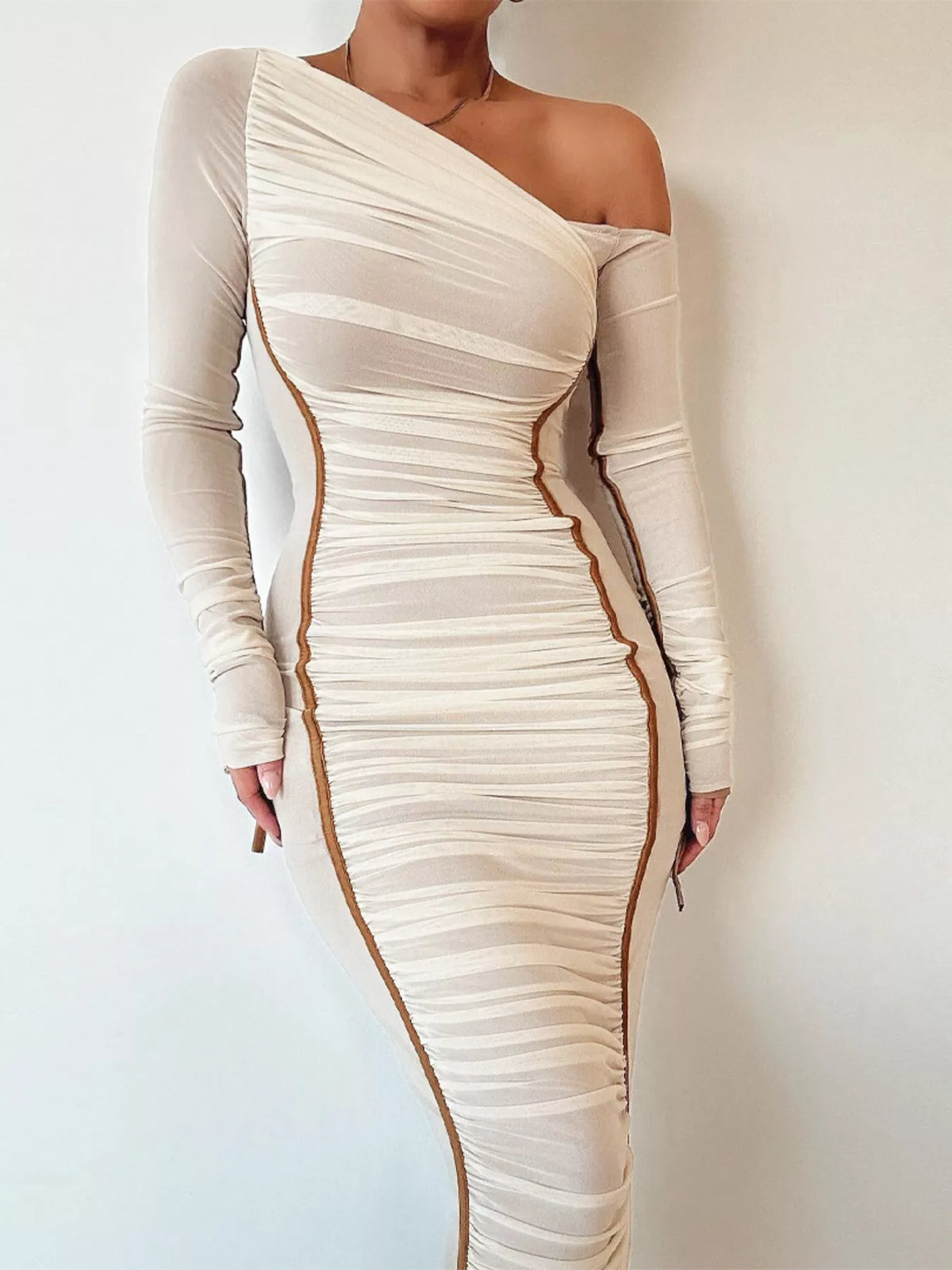One-Shoulder Ruched Bodycon Midi Dress in Apricot