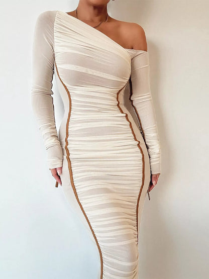 One-Shoulder Ruched Bodycon Midi Dress in Apricot