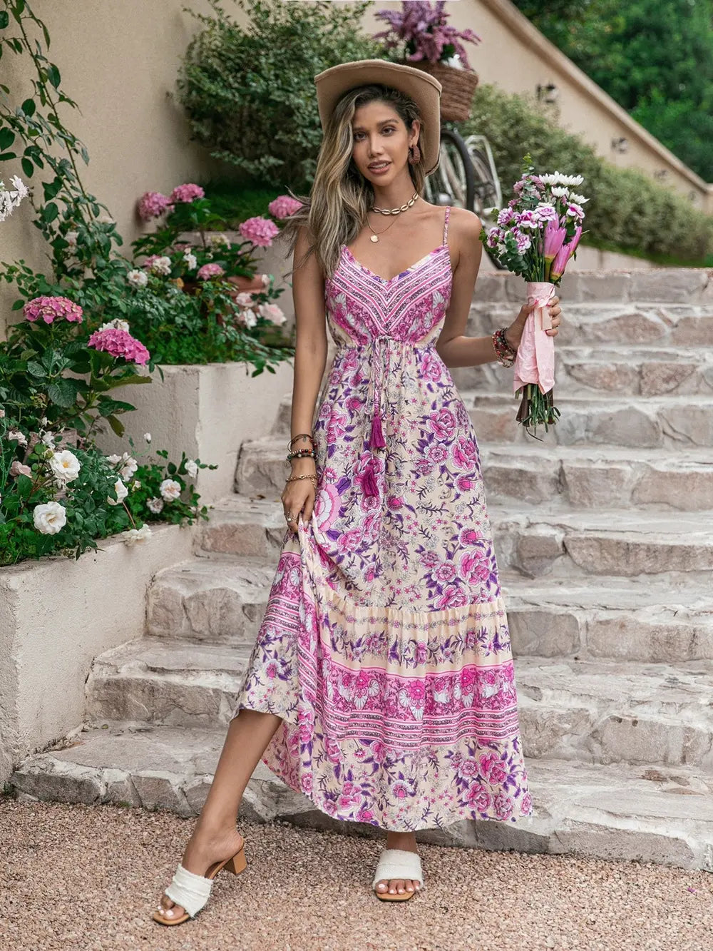 Printed Tassel V-Neck Maxi Dress in Pink