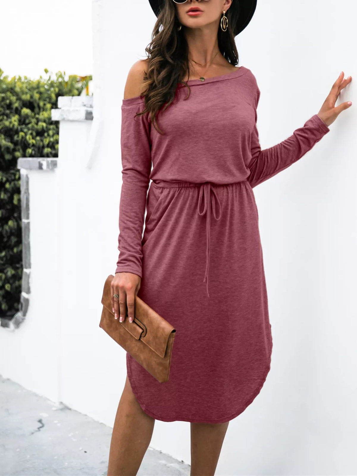 One-Shoulder Long Sleeve Midi Dress with Drawstring Waist – photo 16