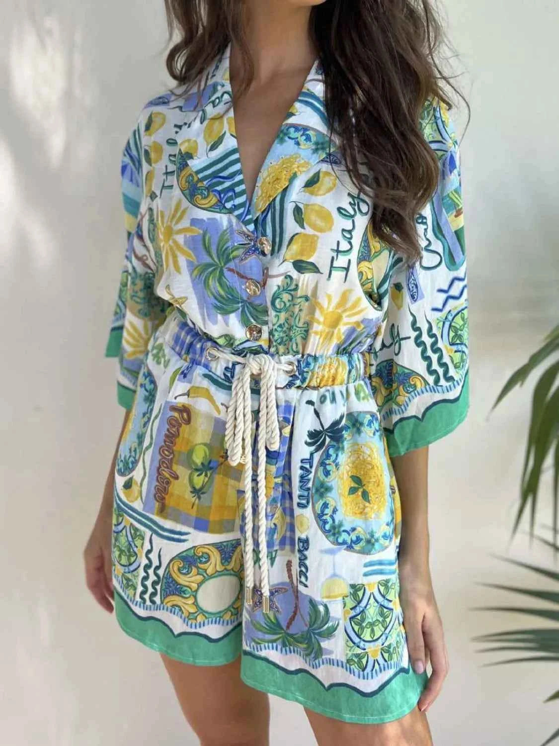 Printed Collared Neck Half Sleeve Romper