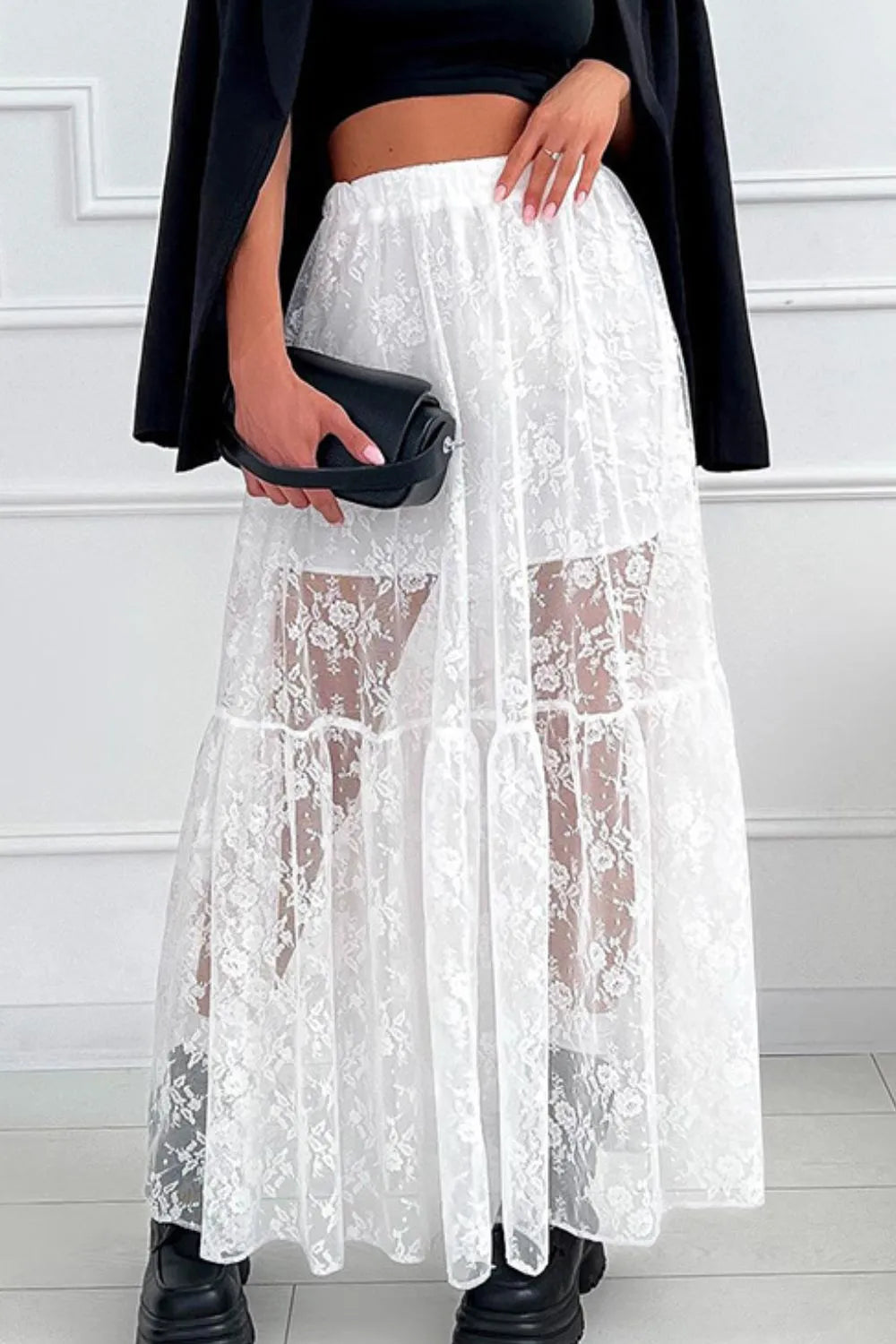 Lace Elastic Waist Maxi Skirt back view — Livostyle