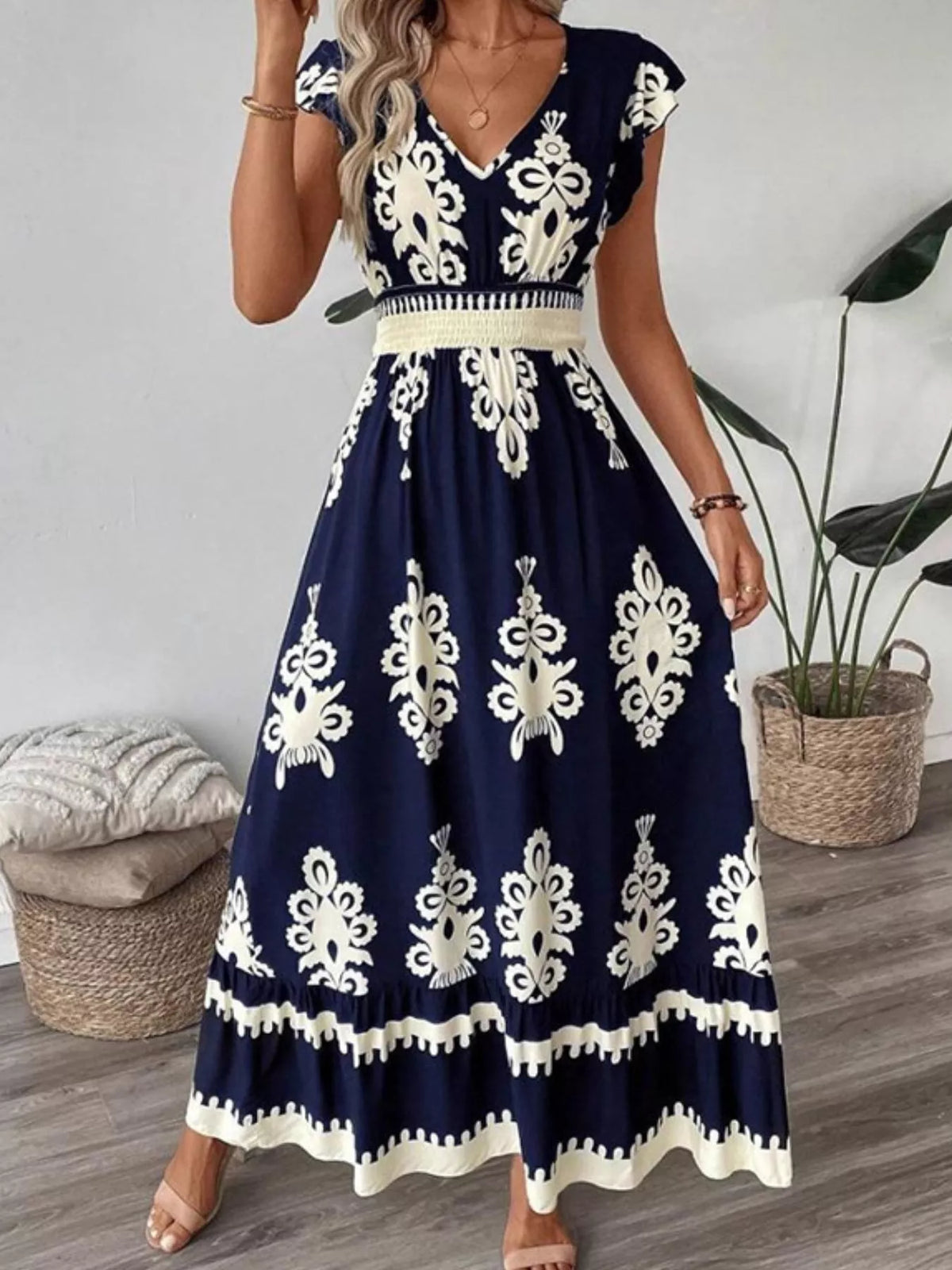 Ruffled Printed V-Neck Maxi Dress in Dark Navy