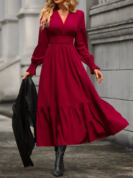 Surplice Tiered Long Sleeve Midi Dress with Ruching in Burgundy