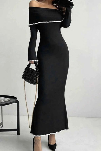Contrast Trim Off-Shoulder Long Sleeve Maxi Sweater Dress — Livostyle