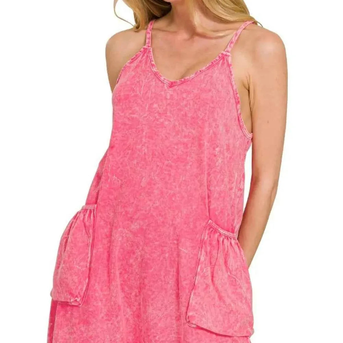 Acid Crinkle Washed Spaghetti Strap Romper in FUCHSIA — square view — Livostyle