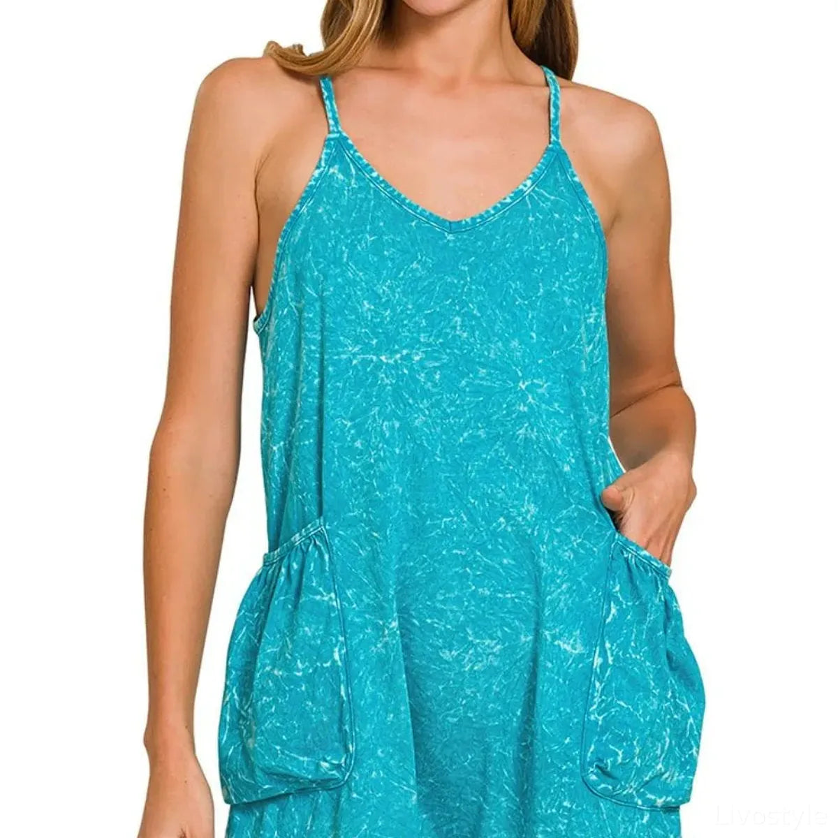 Acid Crinkle Washed Spaghetti Strap Romper in LT TEAL — square view — Livostyle