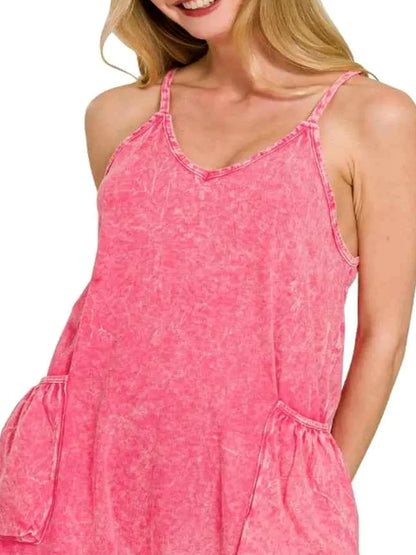 Acid Crinkle Washed Spaghetti Strap Romper in FUCHSIA — detail view — Livostyle