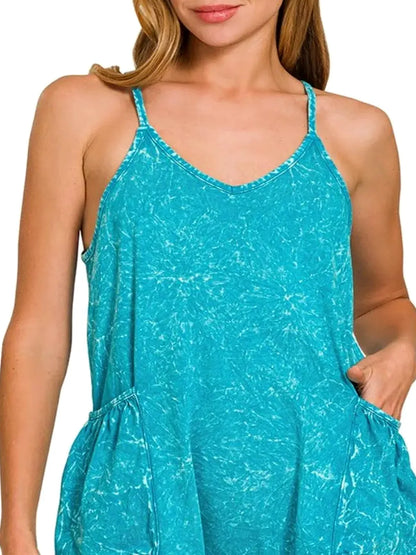 Acid Crinkle Washed Spaghetti Strap Romper in LT TEAL — detail view — Livostyle