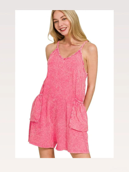 Acid Crinkle Washed Spaghetti Strap Romper in FUCHSIA — styled showcase — Livostyle