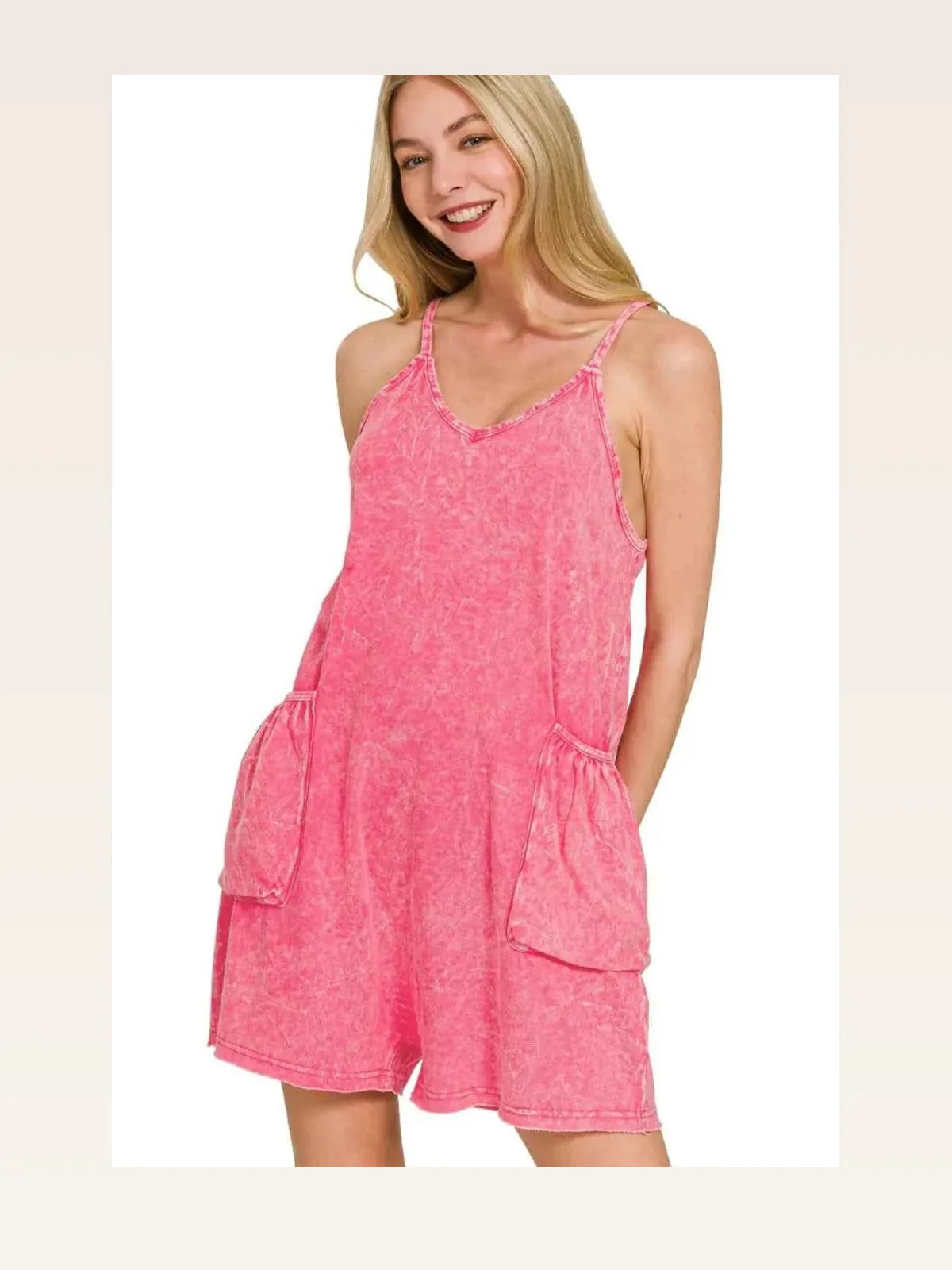 Acid Crinkle Washed Spaghetti Strap Romper in FUCHSIA — styled showcase — Livostyle
