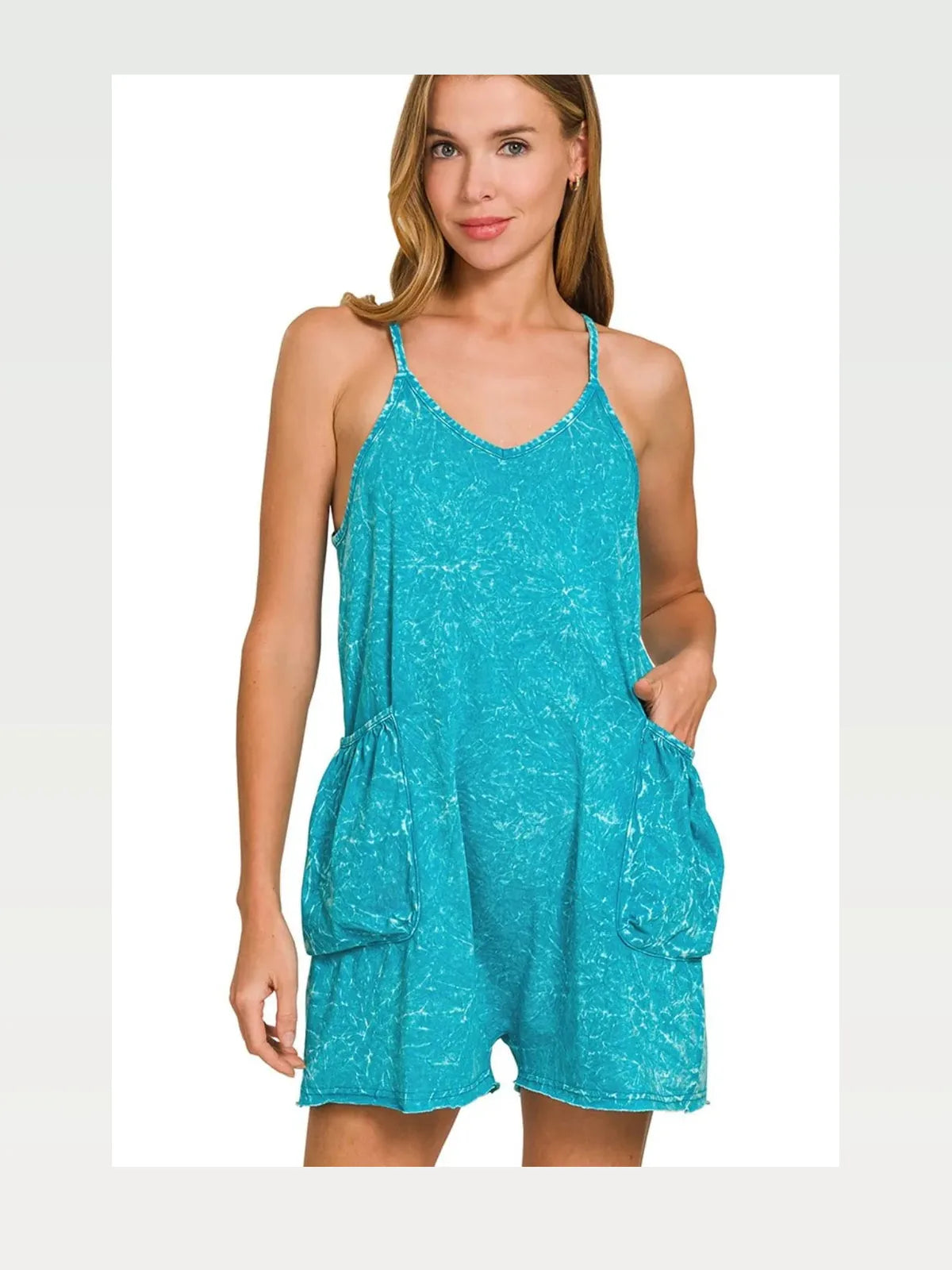 Acid Crinkle Washed Spaghetti Strap Romper in LT TEAL — styled showcase — Livostyle