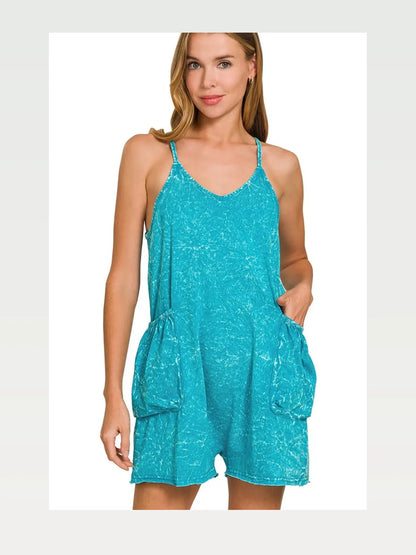Acid Crinkle Washed Spaghetti Strap Romper in LT TEAL — styled showcase — Livostyle