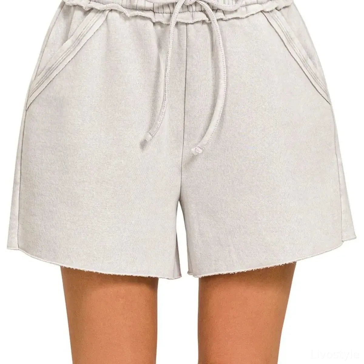 Acid Wash Fleece Drawstring Shorts With Pockets in LT CEMENT — square view — Livostyle