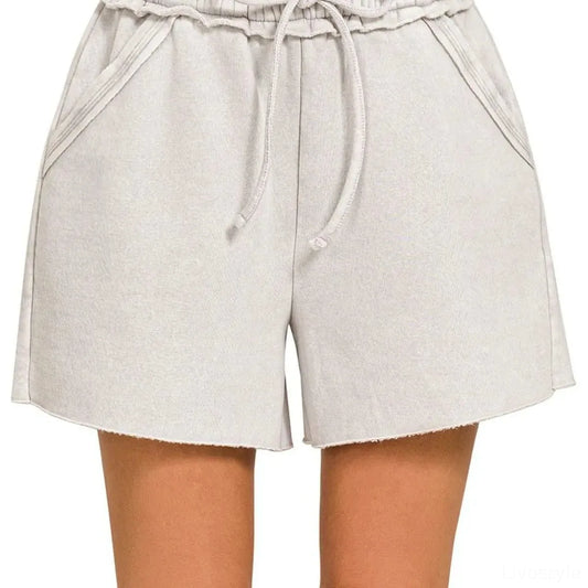 Acid Wash Fleece Drawstring Shorts With Pockets in LT CEMENT — square view — Livostyle