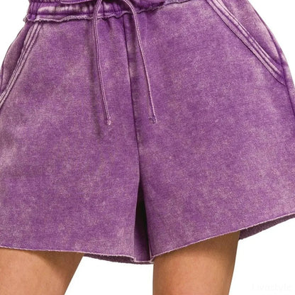 Acid Wash Fleece Drawstring Shorts with Pockets