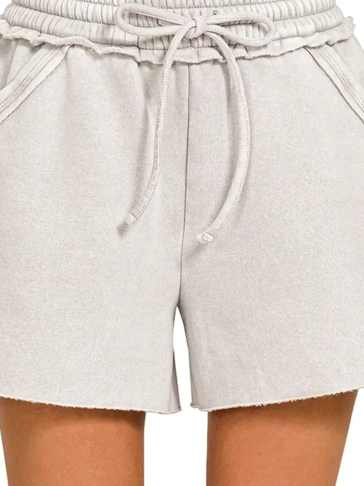 Acid Wash Fleece Drawstring Shorts With Pockets in LT CEMENT — detail view — Livostyle