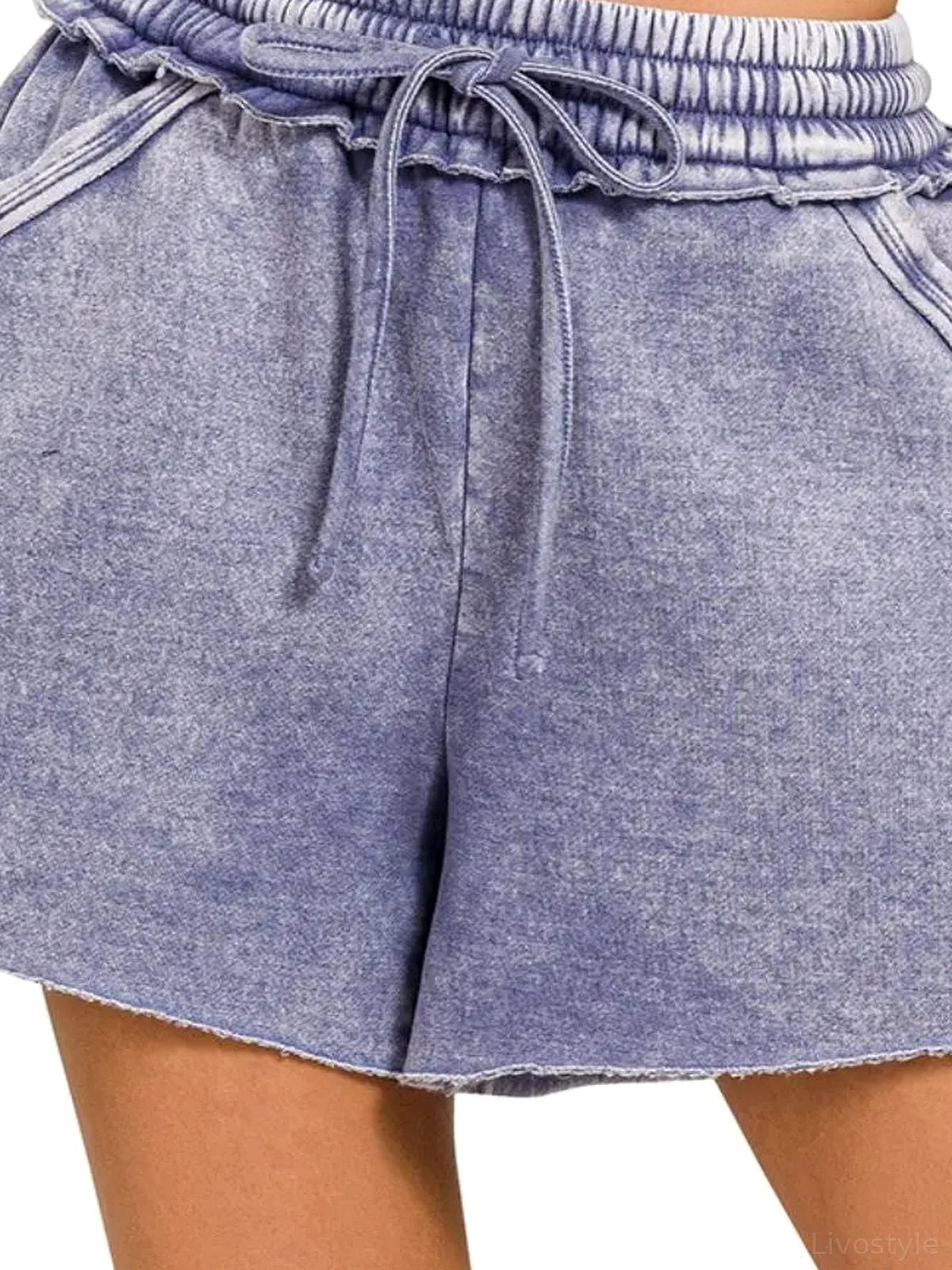 Acid Wash Fleece Drawstring Shorts With Pockets in Marlin — detail view — Livostyle
