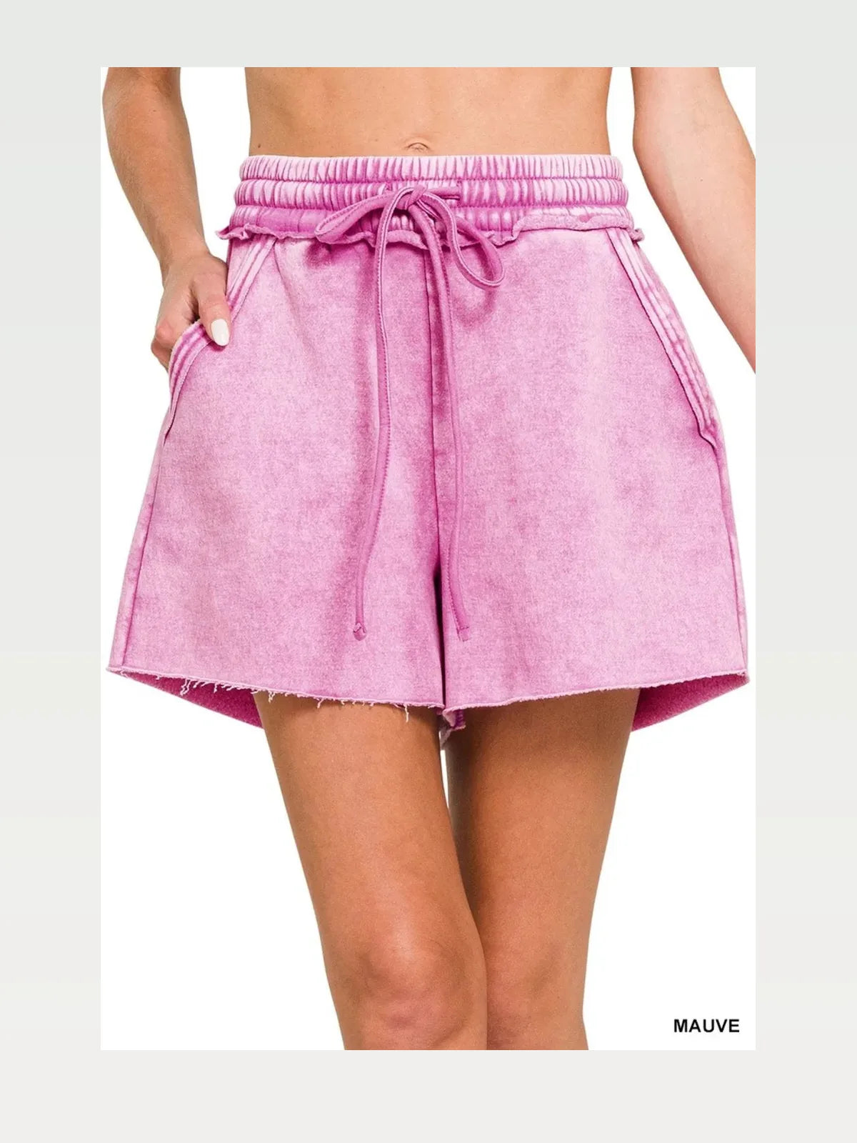 Acid Wash Fleece Drawstring Shorts With Pockets in Mauve — styled showcase — Livostyle