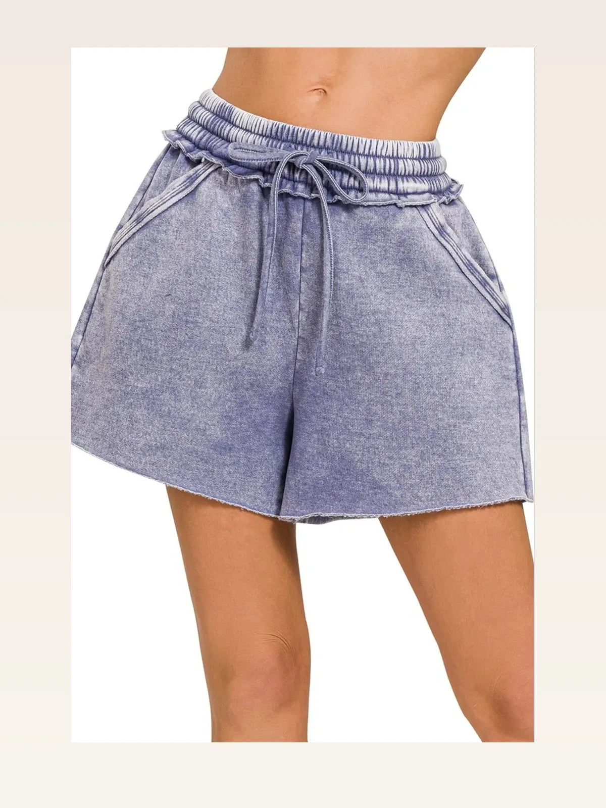 Acid Wash Fleece Drawstring Shorts With Pockets in Marlin — styled showcase — Livostyle