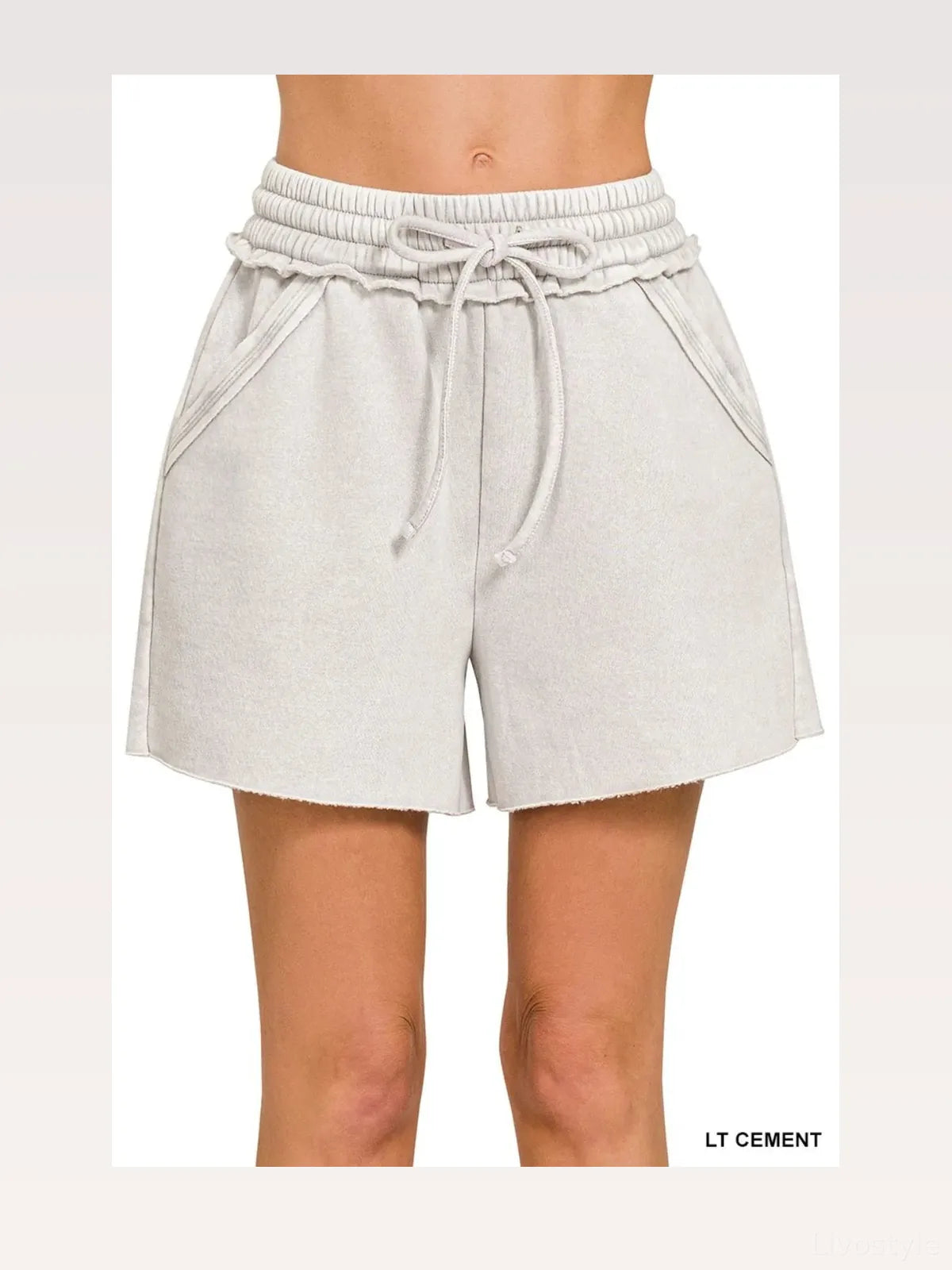 Acid Wash Fleece Drawstring Shorts With Pockets in LT CEMENT — styled showcase — Livostyle