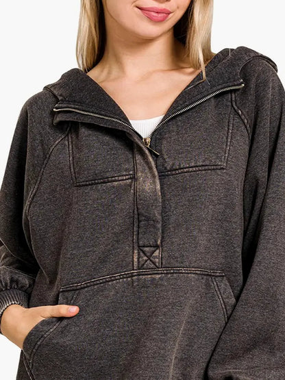 Acid-Wash Fleece Kangaroo Pocket Hoodie — detail view — Livostyle