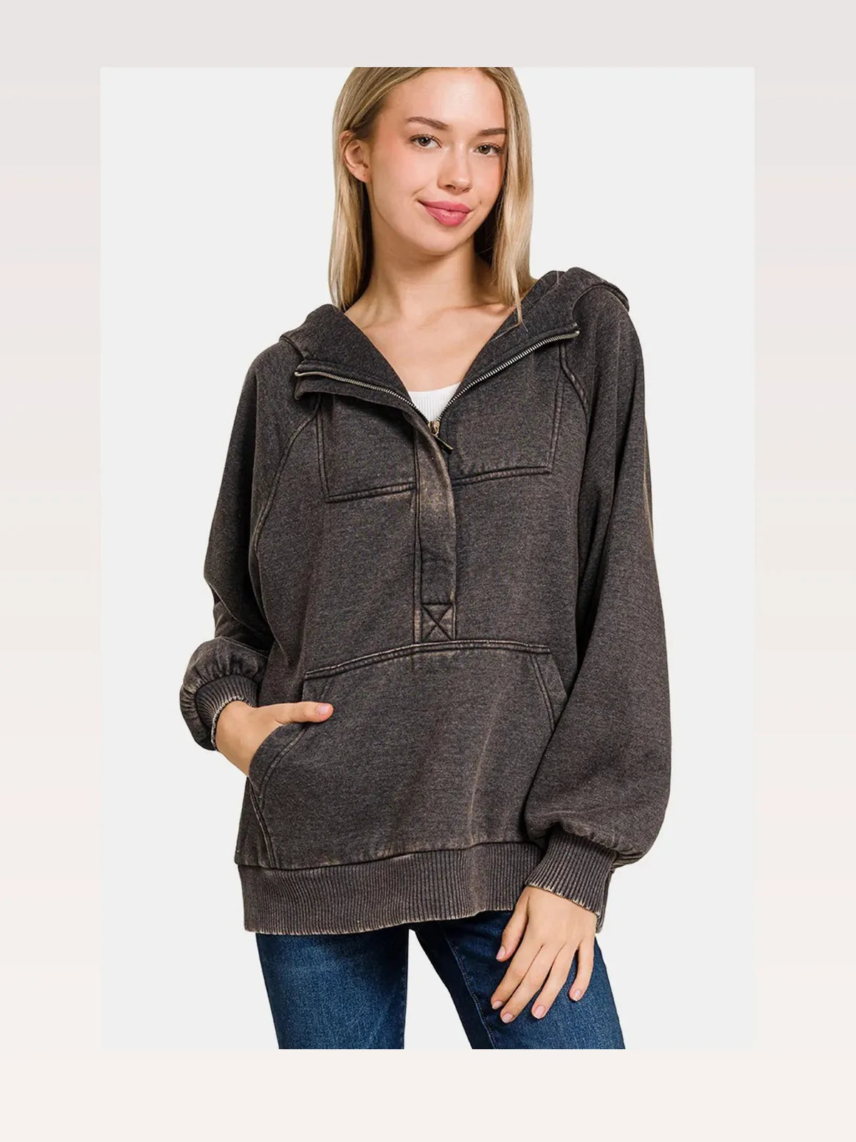 Acid-Wash Fleece Kangaroo Pocket Hoodie — styled showcase — Livostyle