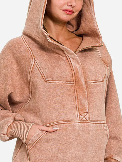 Acid-Wash Fleece Kangaroo Pocket Hoodie — detail view — Livostyle