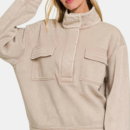 Acid Washed Half Snap Fleece Sweatshirt — square view — Livostyle