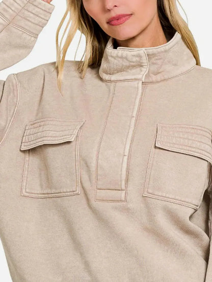 Acid Washed Half Snap Fleece Sweatshirt — detail view — Livostyle
