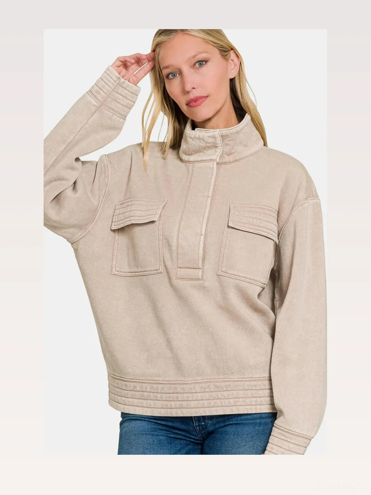 Acid Washed Half Snap Fleece Sweatshirt — styled showcase — Livostyle