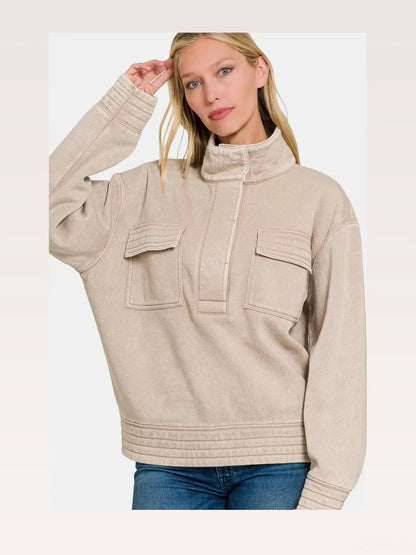 Acid Washed Half Snap Fleece Sweatshirt — styled showcase — Livostyle