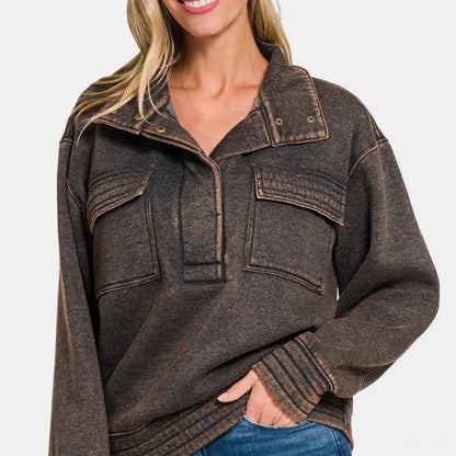 Acid Washed Half Snap Fleece Sweatshirt — square view — Livostyle