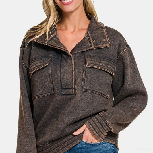 Acid Washed Half Snap Fleece Sweatshirt — square view — Livostyle