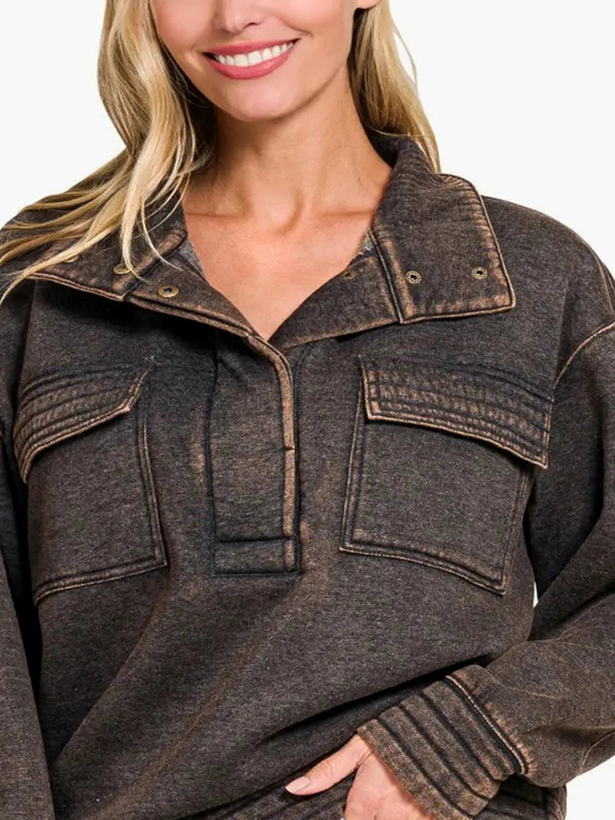 Acid Washed Half Snap Fleece Sweatshirt — detail view — Livostyle
