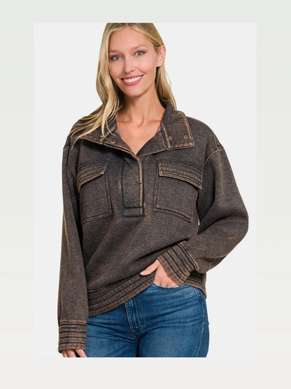Acid Washed Half Snap Fleece Sweatshirt — styled showcase — Livostyle