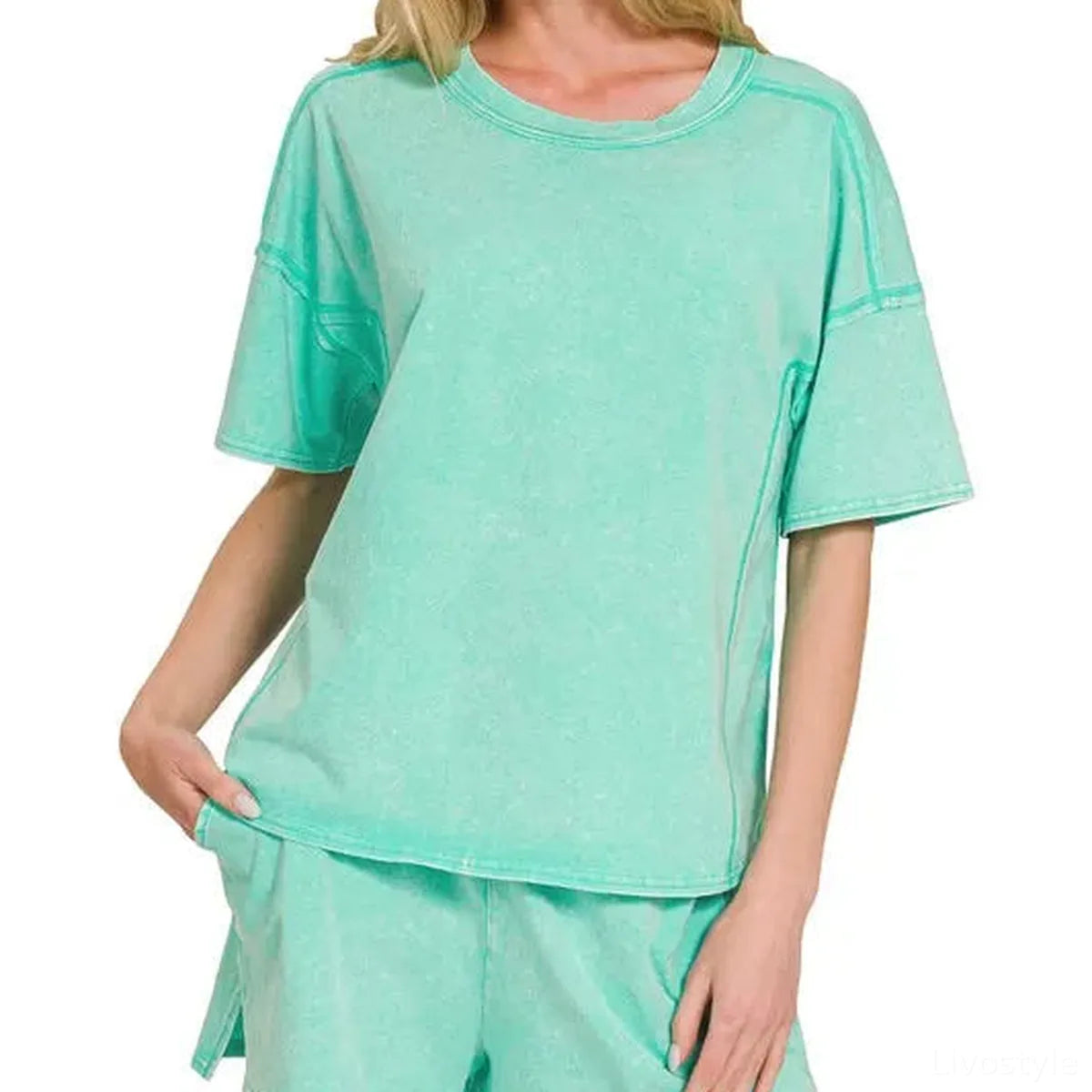Acid Washed Short Sleeve Tee & Shorts Set in MINT — square view — Livostyle
