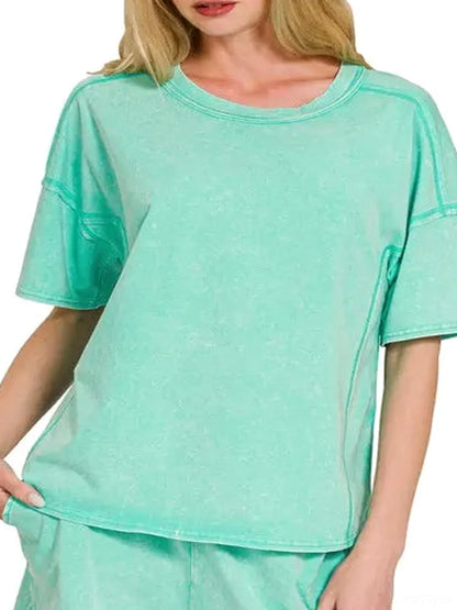 Acid Washed Short Sleeve Tee & Shorts Set in MINT — detail view — Livostyle