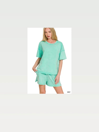 Acid Washed Short Sleeve Tee & Shorts Set in MINT — styled showcase — Livostyle