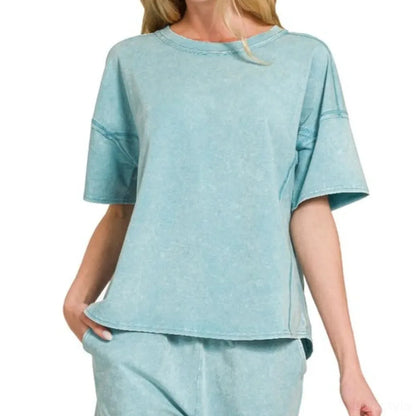 Acid Washed Short Sleeve Tee & Shorts Set in DUSTY TEAL — square view — Livostyle